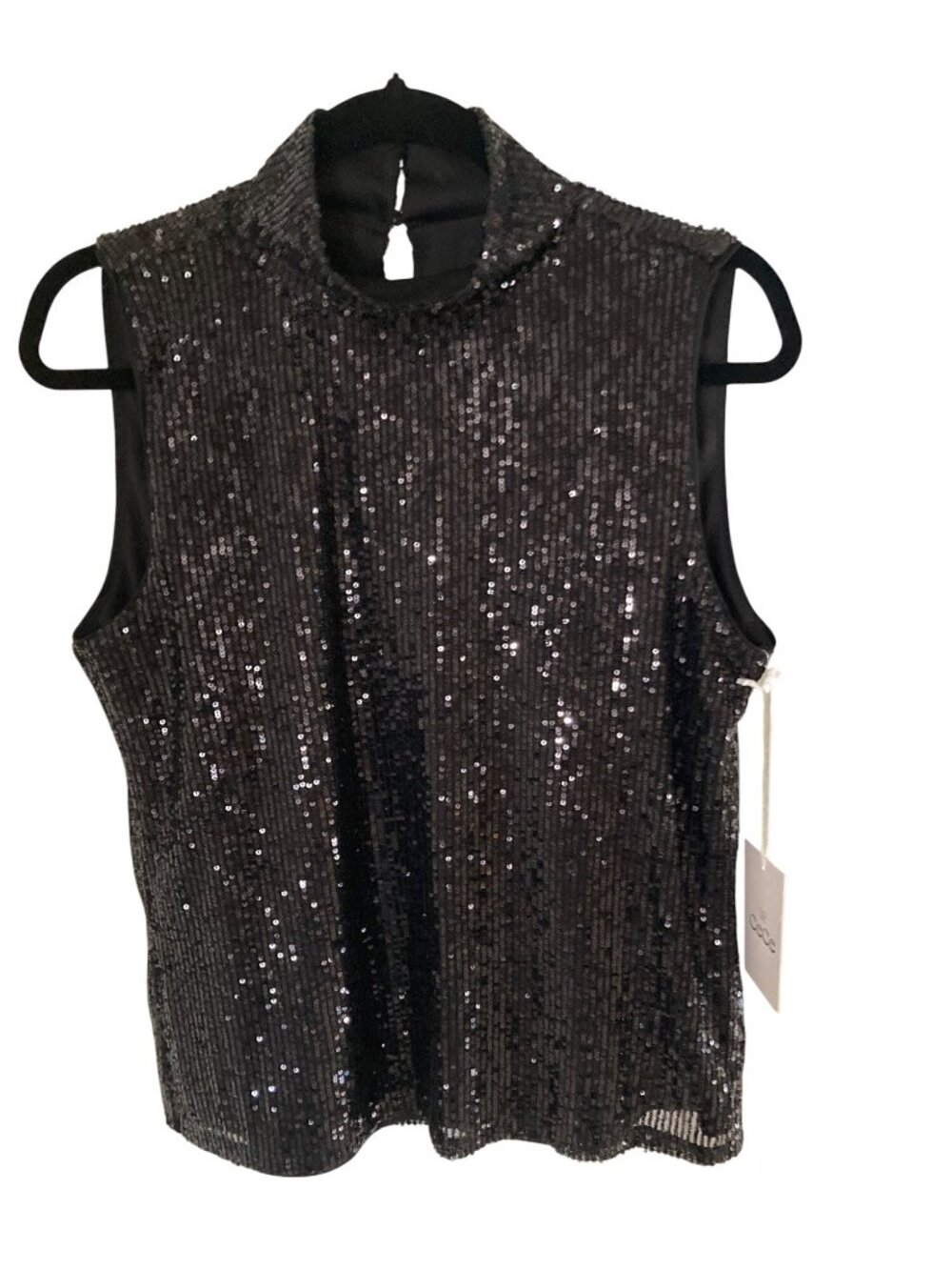CeCe Women's Sequined Mock-Neck Sleeveless Top Black Size Large  NWT